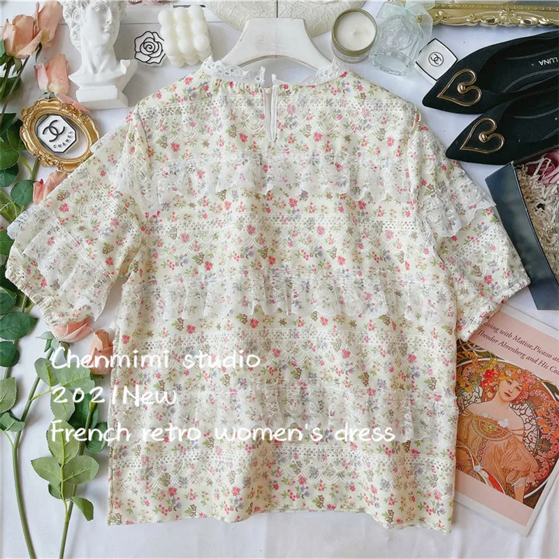 

2021 Spring Summer Blusas New Lace Stitching Blouse Floral Hollow Embroidered Shirt for Women Short Sleeve Ladies O-Neck Tops