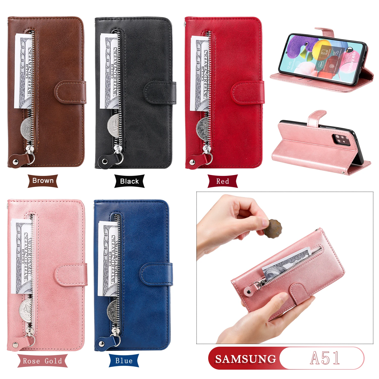 

Zipper Flap Leather Phone Case For Samsung Galaxy A40 A41 A42 A50 A51 A52 A70 A71 A72 A80 A81 A82 A90 A91 S Card Wallet Cover