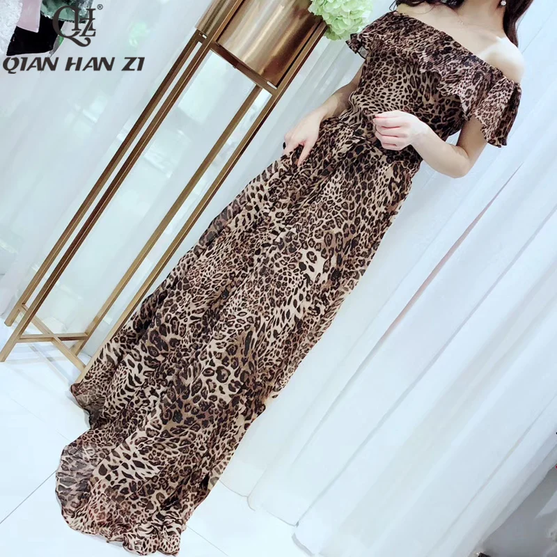 

Qian Han Zi 2020 Spring Summer designer Fashion Runway Maxi dress Women's Sleeveless Ruffled vintage Leopard Print long Dress