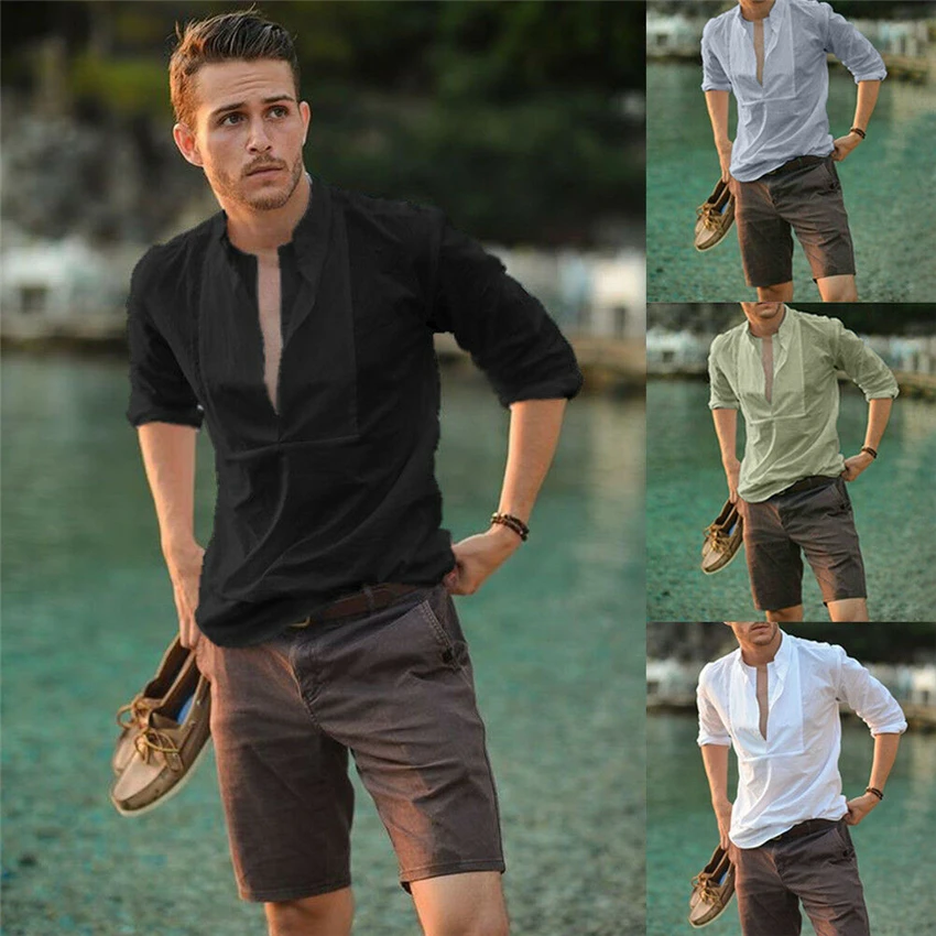 Рубашка мужская повседневная с V образным вырезом хлопковая одежда в стиле ретро