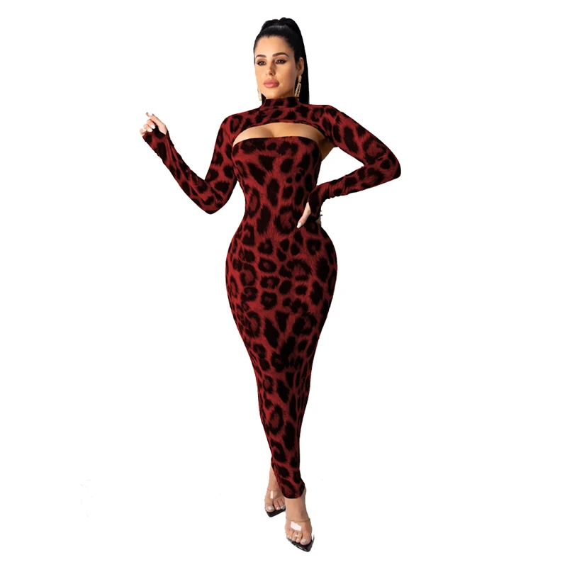 

Tmustobe Autumn Leopard Two Piece Set Women Bodycon Long Sleeve Crop Tops And Strapless Maxi Dress Sexy Party Outfits Female