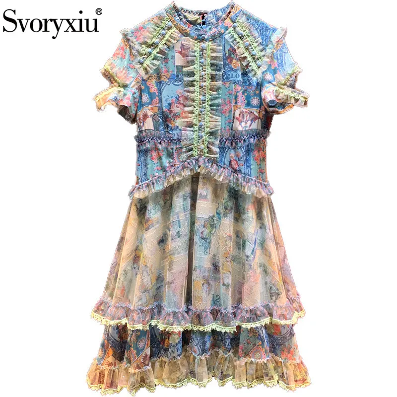 

Svoryxiu Vintage Baroque Lace Embroidery Ruffles Dress Women's Fashion Hollow Out Sleeve Flower Print Summer Designer Dresses