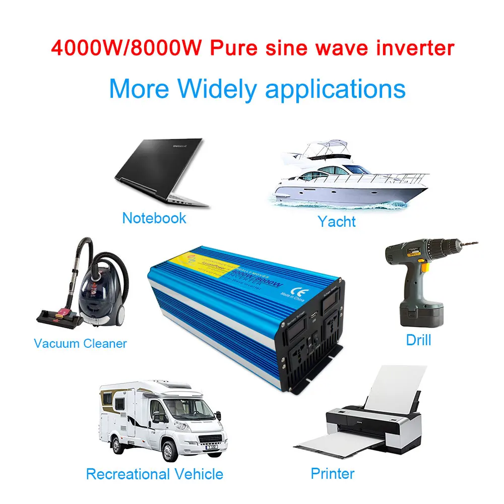 

12V / 24V to 220V-240V 8000W Peak Dual LED Display 3.1A USB Pure Sine Wave DC Power Inverter Dual AC Socket Inverter (Blue)