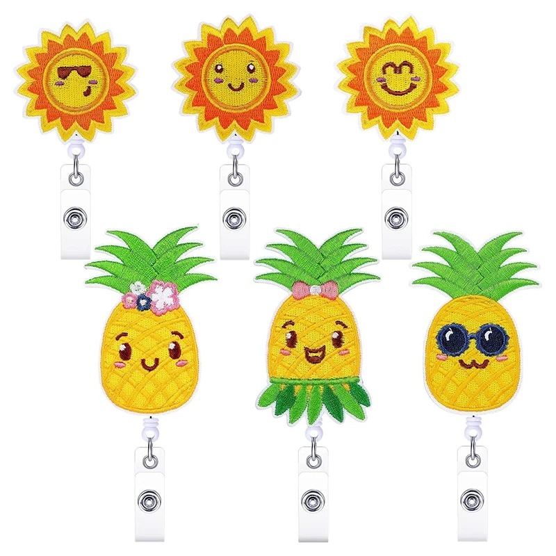 

6Pcs Little Sun Pineapple Badge Reel Felt Embroidered Reel Retractable Badge Reel Nursing Badge Reel Cute Badge Holder