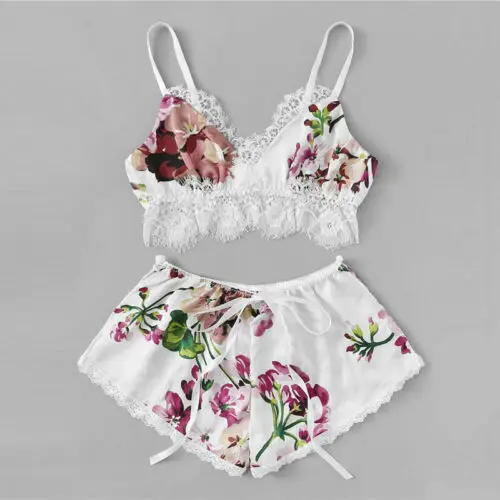 

Hot Elegant Lady Pajama Sets Casual Bandage Underwear Lace Print Lingerie Sleepwear Women Sexy V Neck Floral Babydoll Plus Size
