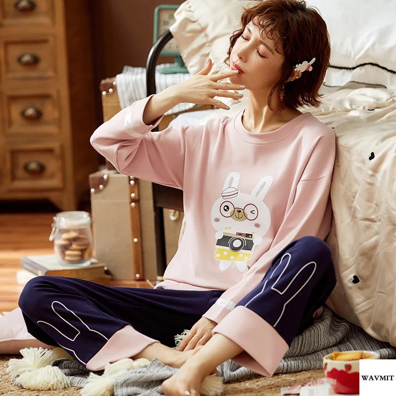 WAVMIT 2020 весенние милые женские хлопковые пижамы с длинным рукавом комплект