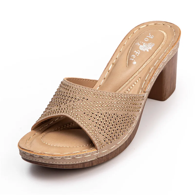 

High-Heeled Shoes Lady Square heel Woman's Slippers Slides Jelly Flip Flops Big Size Block 2021 Soft Glitter Fabric PU Basic Cas