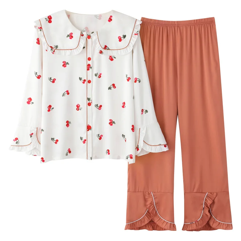 

Cute Pajamas Set Women Spring Korean Style Sweet Fresh Cherry Print Sleepwear Large Lapel Satin Cardigan Long Sleeve Homewear