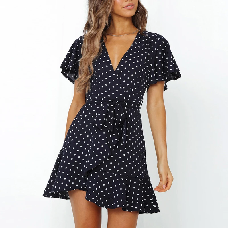 

Women Polka Dot Casual Dress V Neck Ruffles A Line Dress Summer Butterfly Short Sleeve Boho Beach Mini Dress Lady Vestidos Mujer