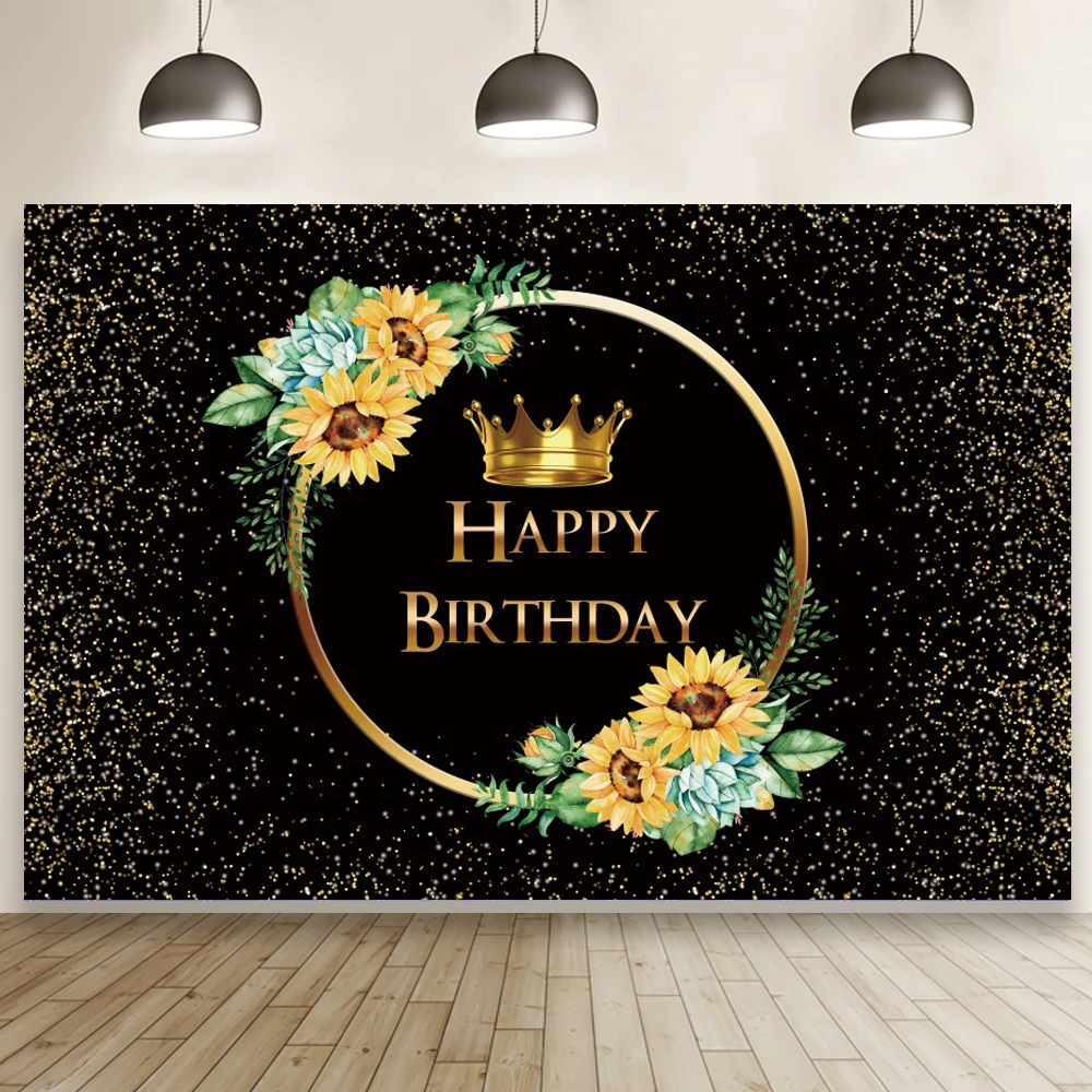 

Sunflowers Circle Gold Glitter Custom Happy Birthday Women Photo Background Crown Newborn Baby Shower Kids Backdrop Table Decor