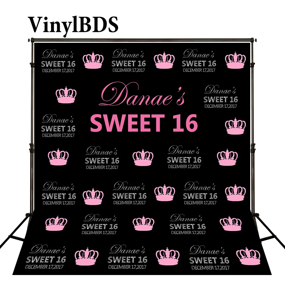 

VinylBDS Happy 16st Birthday Backdrops Princess Crown Backdrop Special Customization Birthday Party Backdrop Photocall for Girls