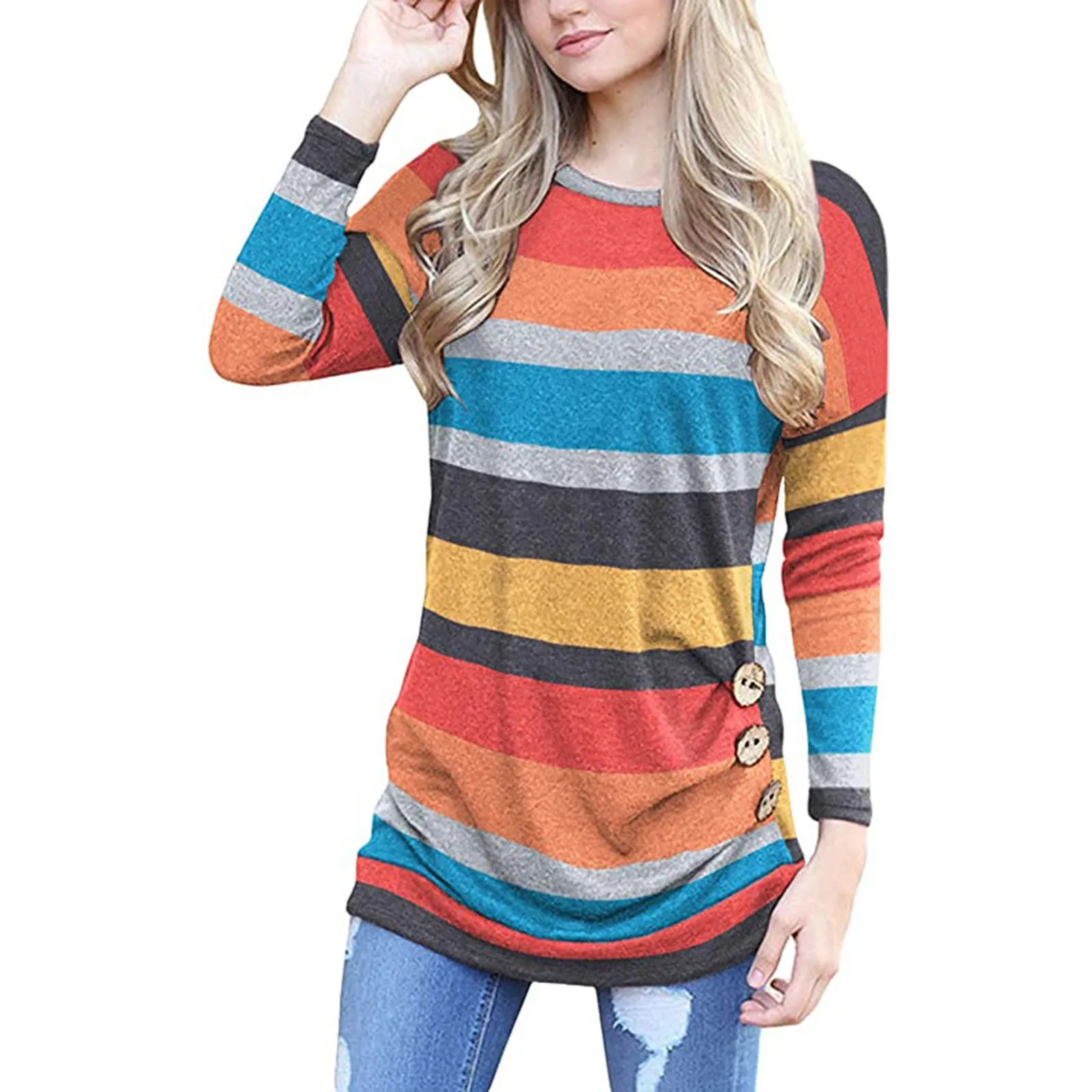 

Круглый вырез горловины блуза с О-образным вырезом Блуза Боковая кнопка рубашка свободная талия Футболки с рукавами удобный топ красочные ...