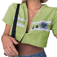 2021 summer polos top women short sleeve t shirt ribbed button cardiga sexy v neck floral print rib knit t shirts