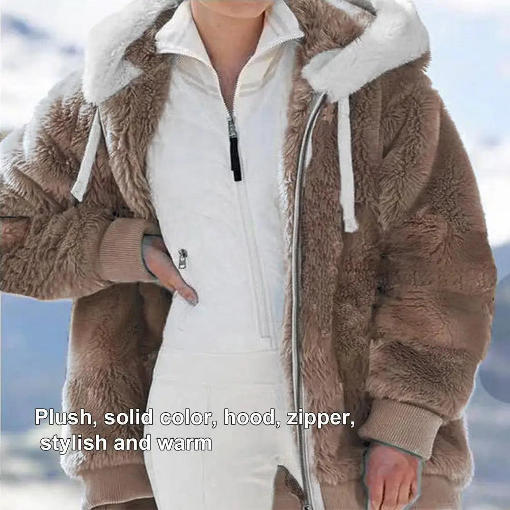 

Winter Coat Solid Color Hooded Women Loose Plush Zipper Coat for Office