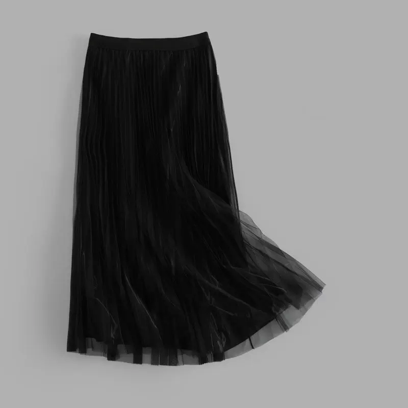 

2020 New Design Women Pleated Skirts High Waist Mesh Skirts Womens Casual Solid A-line Skirts Jupe Femme Saias Mujer Streetwear