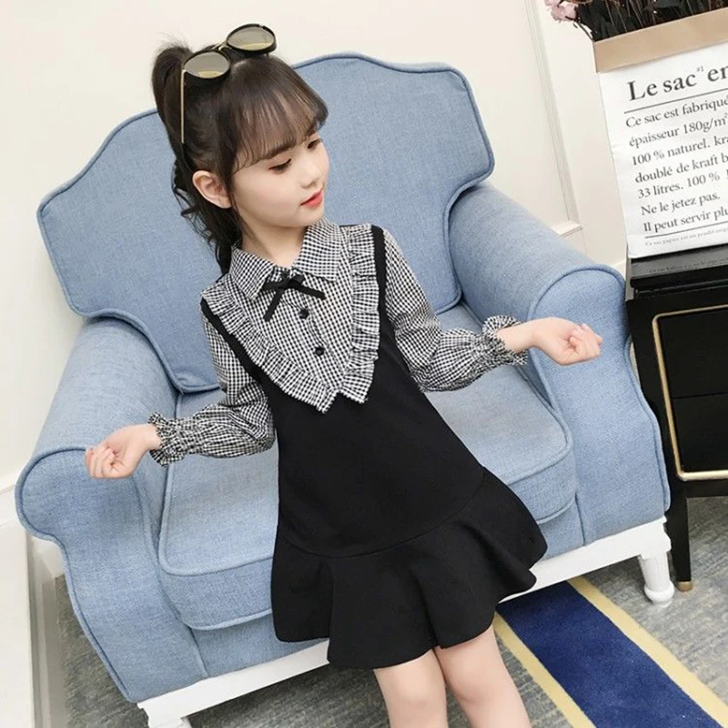 

Girl Baby Autumn Winter Dresses 2022new Year Children Fashion Long Sleeve Fake Two Spliced Plaid Harajuku Pleated Skirt Clothes