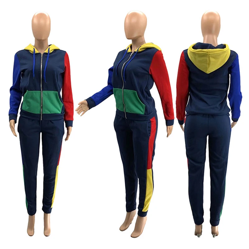 

Block Color Patchwork Long Sleeves Zipper Hoodie with Pockets & Pants New Arrival Women Suit Casual Two Piece Set