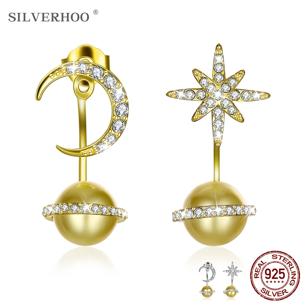 

SILVERHOO Sterling Silver 925 Stud Earring Universe Shining Star Moon Earrings For Women Round Austria Crystal Fine Jewelry Hot
