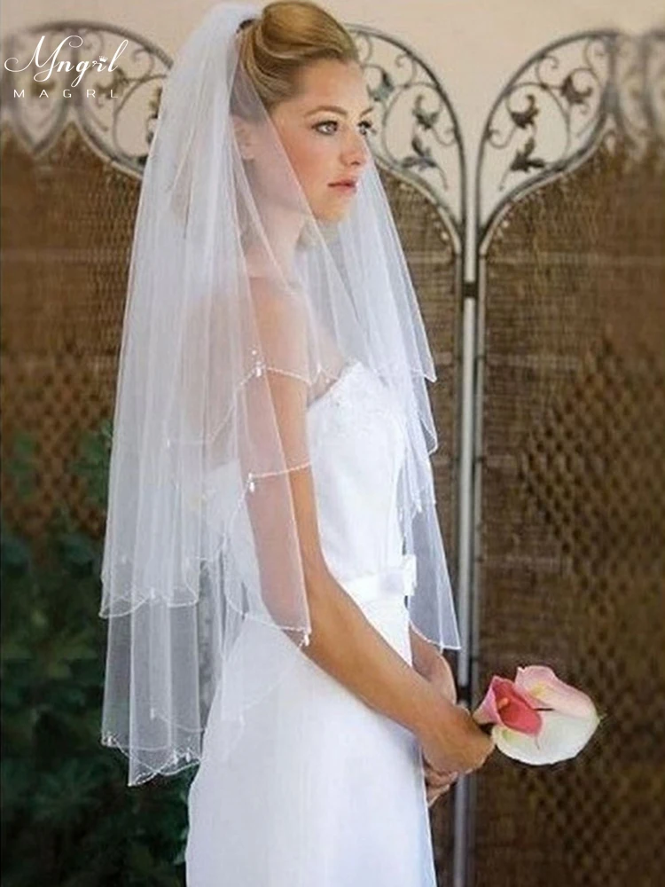 

MNGRL Wedding Accessories Bridal Veil Simple Headdress Long Double-layer Lace Beaded Veil 1.5M Pure Color Soft Yarn