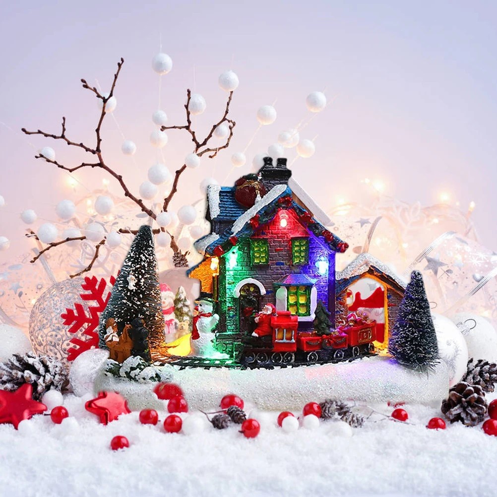 

Christmas Village House with LED Light Resin Collectable Christmas Scene Village Houses Figurine Ornaments Decoration Gifts