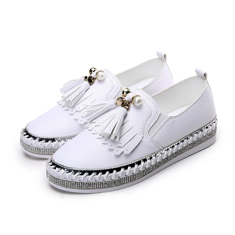 

Crystal Small White Leather Shoes Women Tassel Espadrilles Creepers Fishermen Flats Ladies Loafers Handmade Leather Moccasins