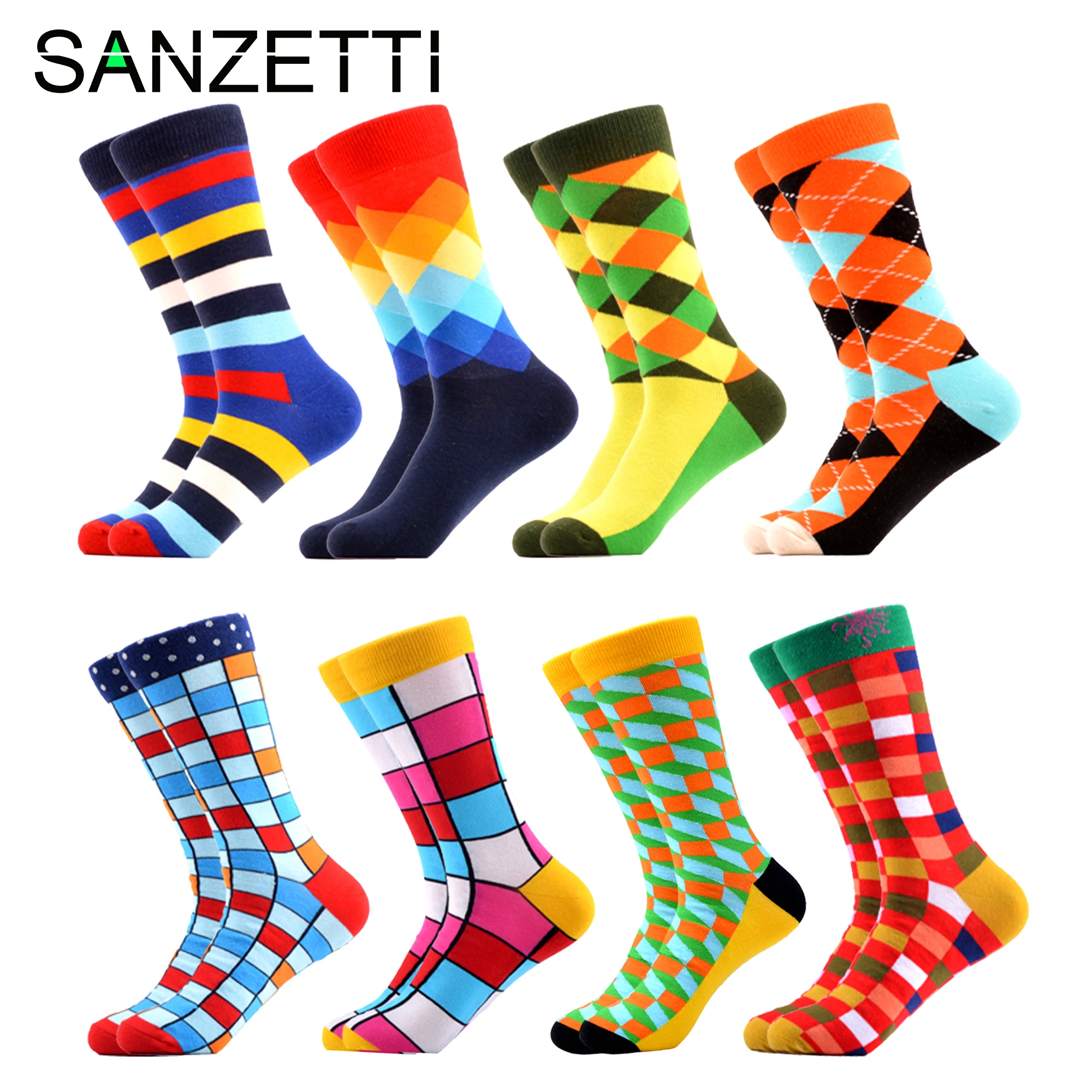 SANZETTI 8 пара/лот мужские цветные хлопковые носки Harajuku Happy Comb дышащие яркие новые в