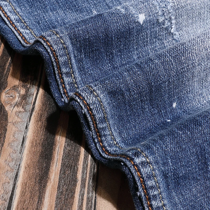 European American Street Fashion Men Jeans Vintage Retro Blue Slim Ripped Jeans Men Printed Designer Hip Hop Denim Punk Pants