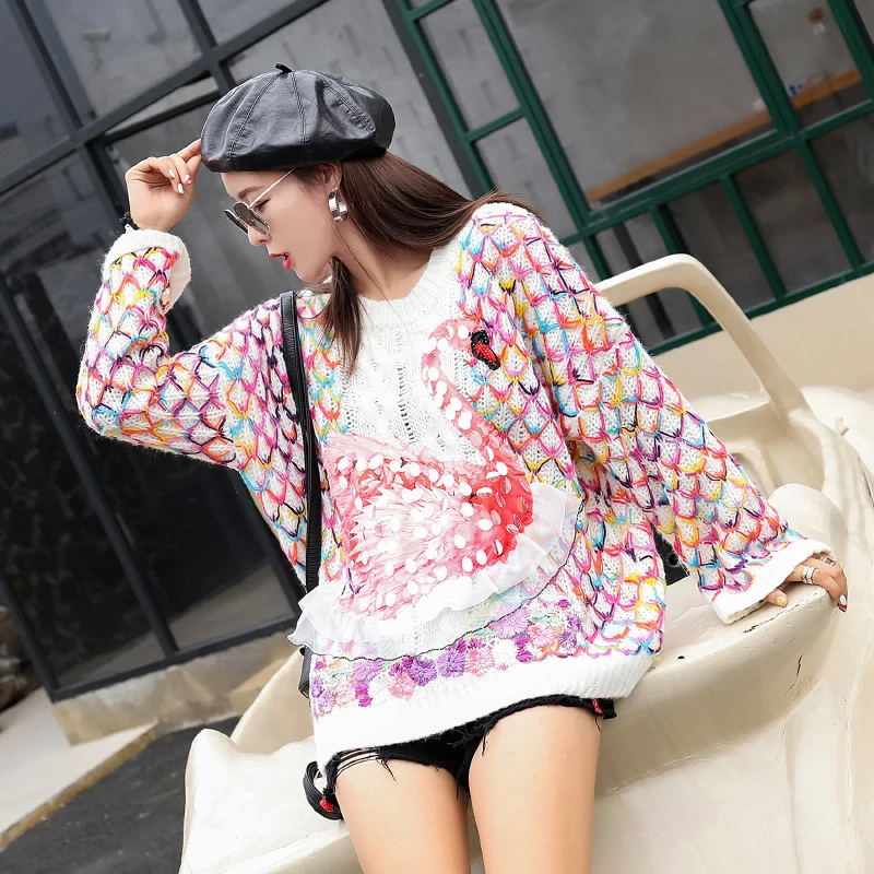 

Autumn Winter Knitted Pullover GEOMETRIC Plaid Women Cute Kwaii Knitting Top Streetwear Cartoon mesh Ruffles Oversized Sweater