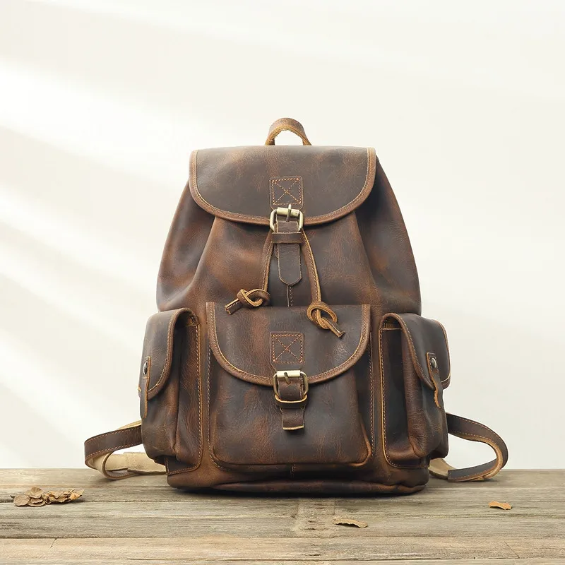 Retro Fashion Crazy Horse Leather Men's Brown Backpack Daily Outdoor Travel Large Capacity teenager duffle bag Student Bag