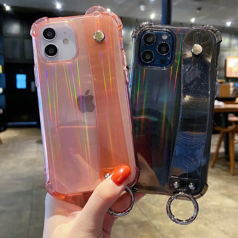 

Wrist Strap Laser Phone Case For iPhone 11 12 Pro Max XR XS Max X 7 8 Plus 12 Mini 11 Pro 12 Glitter Transparent Soft Back Cover