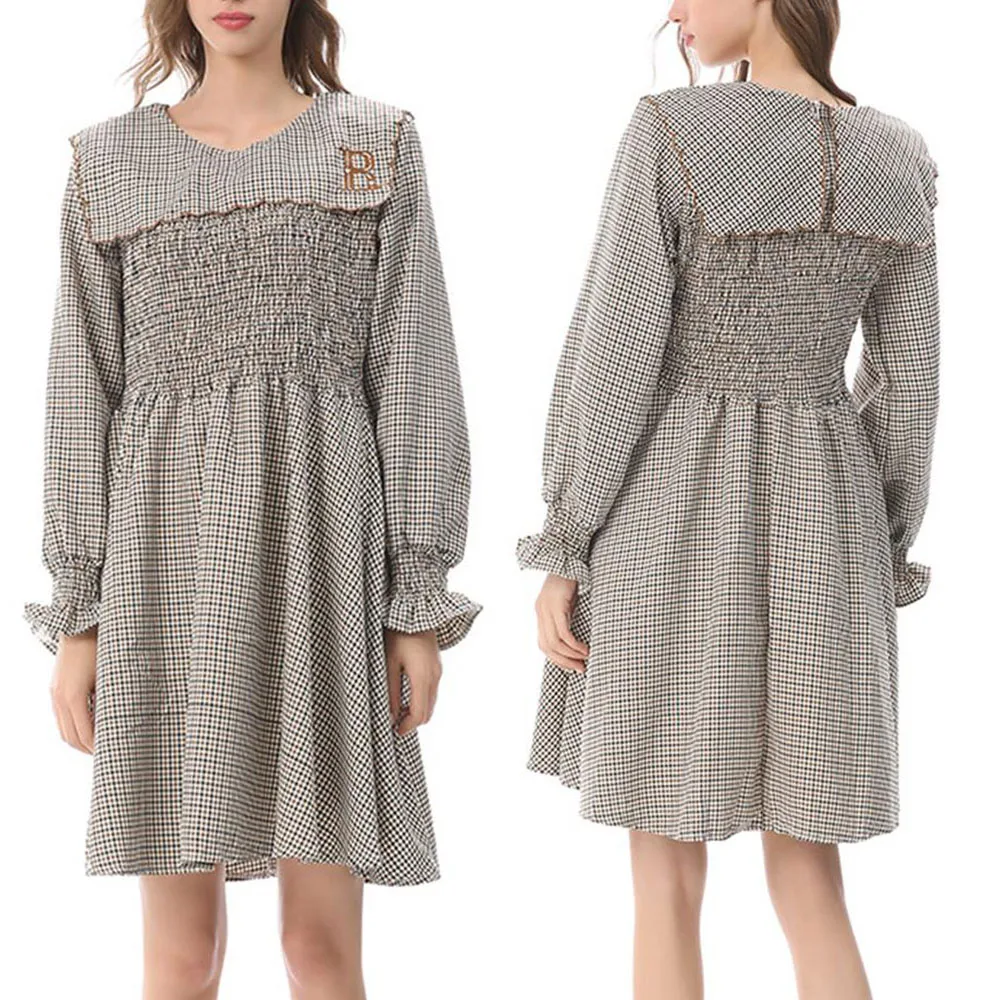 

Embroidered Pleat Long Sleeved Plaid Dress with Waist Tucked to Show Slimming Casuial Loose O-neck Keen-length Summer Lady Dress