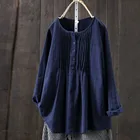 Блузка женская льняная с круглым вырезом, Повседневная Однотонная рубашка на пуговицах, с длинным рукавом, топ в винтажном стиле, 2021