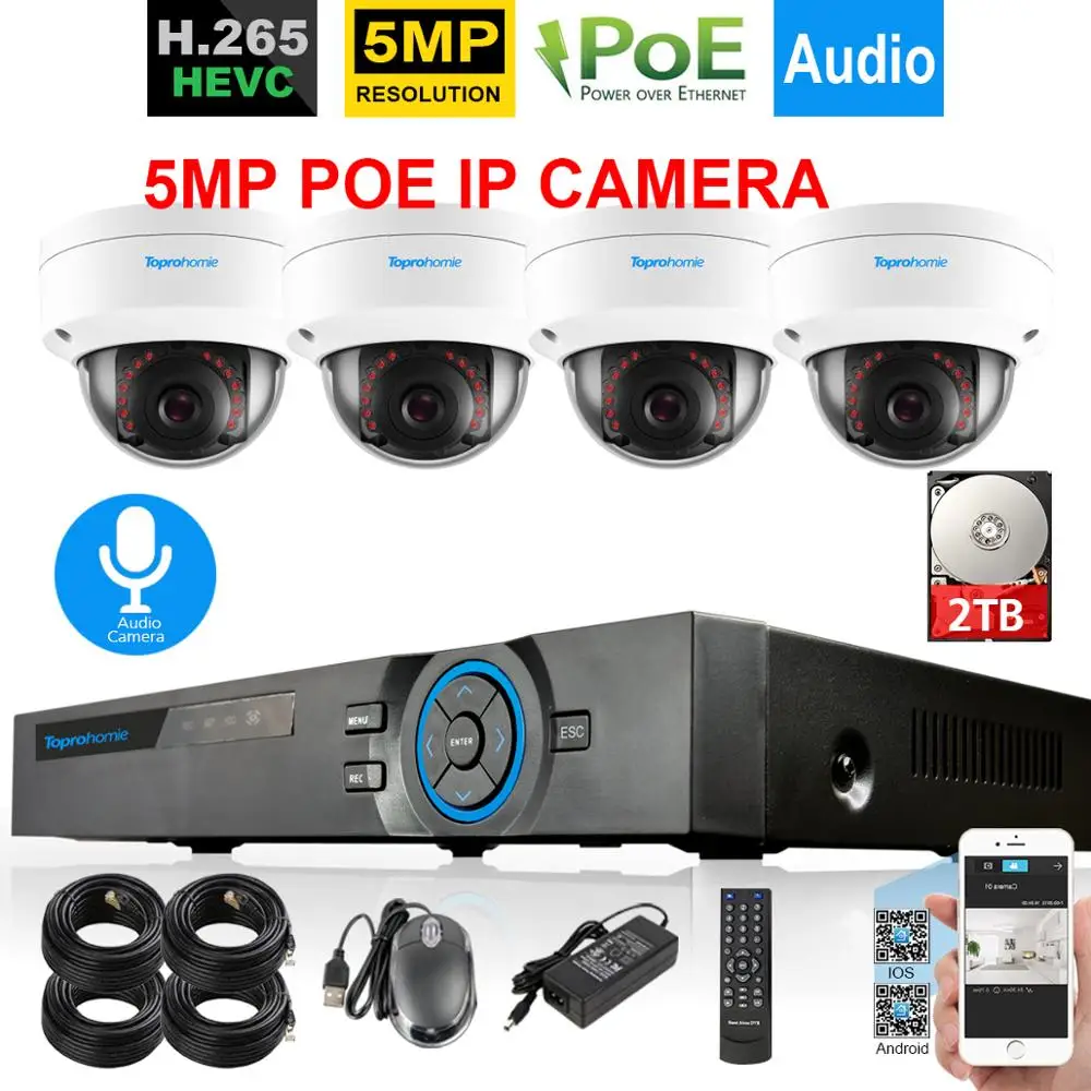 TOPROHOMIE H.265 + 4CH POE Система видеонаблюдения 48 В 5MP безопасности Антивандальная аудио