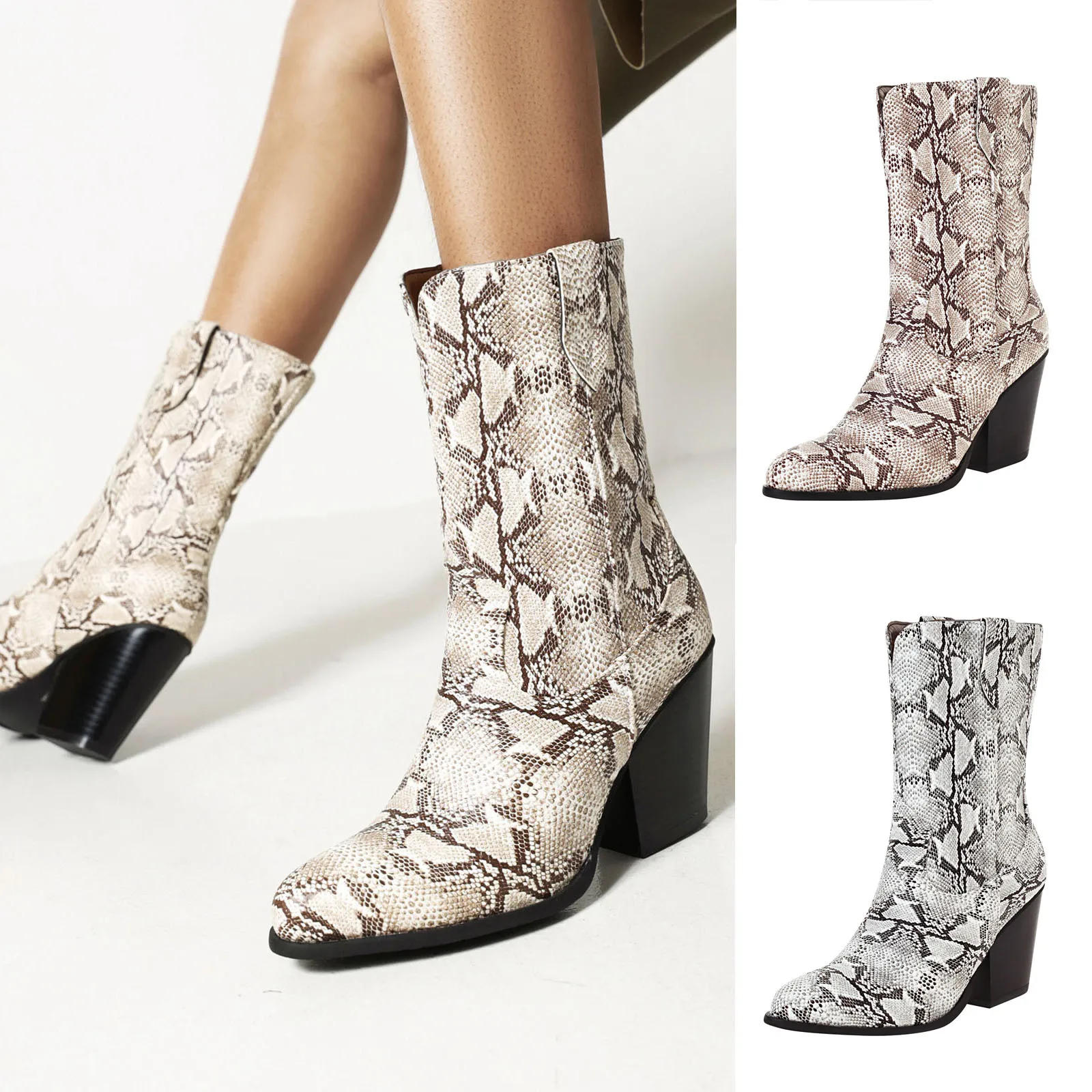 

Женские зимние ботинки в стиле пэчворк со змеиным принтом, на толстом каблуке и с острым рукавом, кожаные ботинки в стиле пэчворк, женские зи...