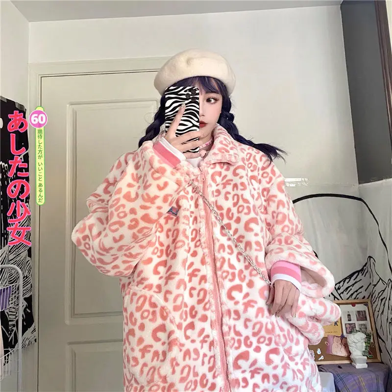 

2021 Color Leopard Print Lambswool Women's Top Jacket Loose Mid-Length Woman Coat Cotton-Padded Jacket Fashionable Warm Luxury