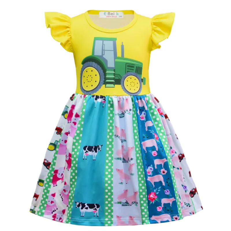 

2021 new cartoon cartoon car magic elf print girl dress girl flying sleeve princess dress