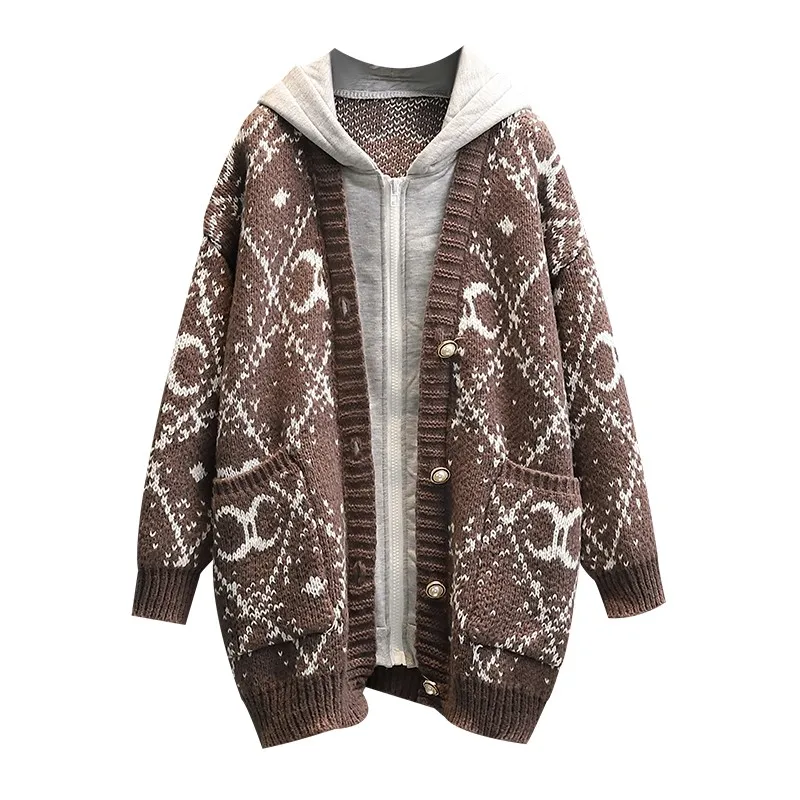 

Новинка, Женский Свитер оверсайз с капюшоном на молнии, кардиганы из двух частей, вязаный жакет с винтажным принтом в стиле пэчворк, толстый ...