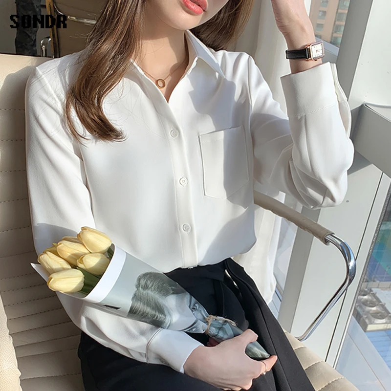 2021 Summer New Design Niche Women'S Shirt Korean Fashion Long Sleeves White Blouse Elegant Temperament Professional Satin Shirt