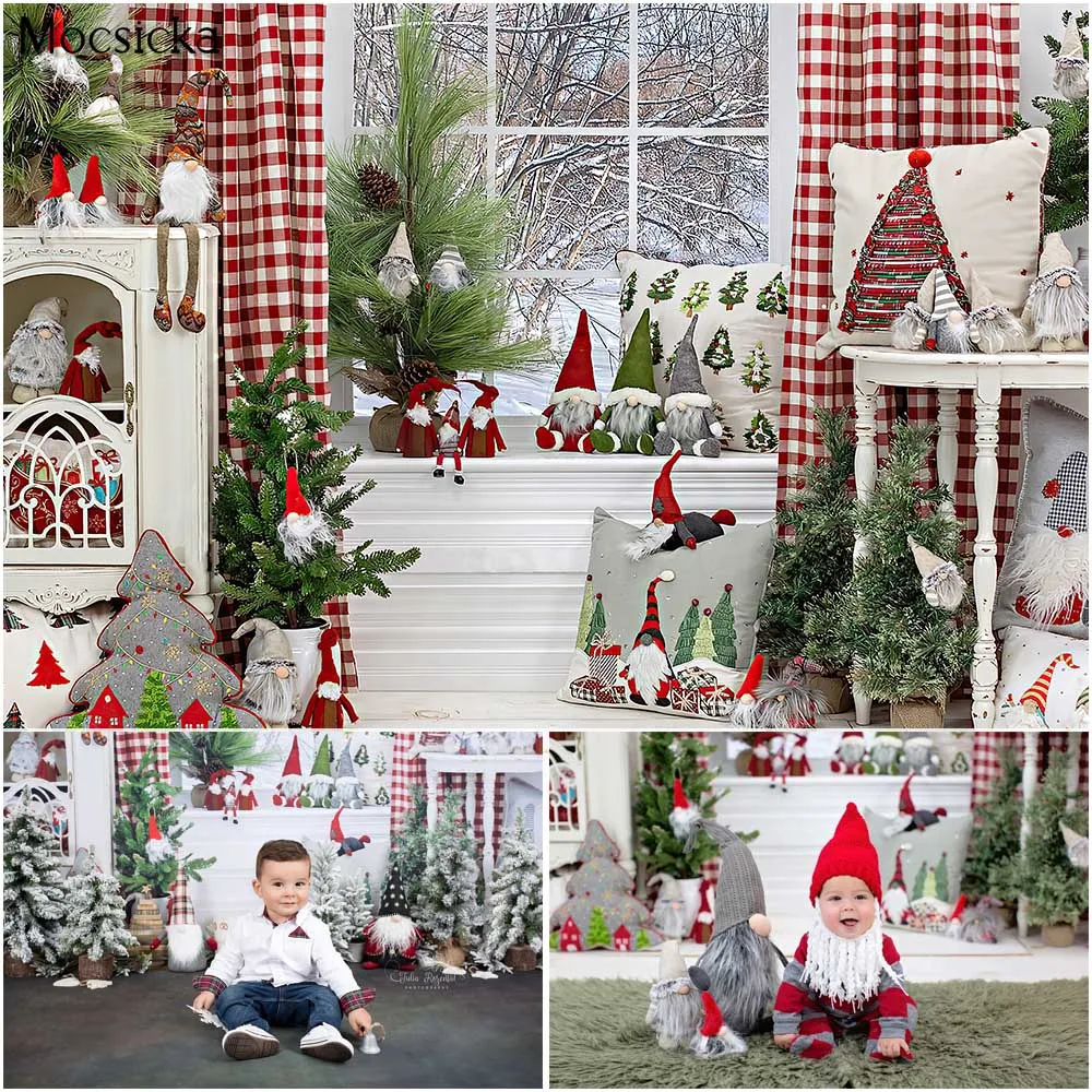 

Christmas Room Backdrop Red Lattice Window Photography Pillow Toy Decoration Kids Portrait Photo Props Studio Booth Background