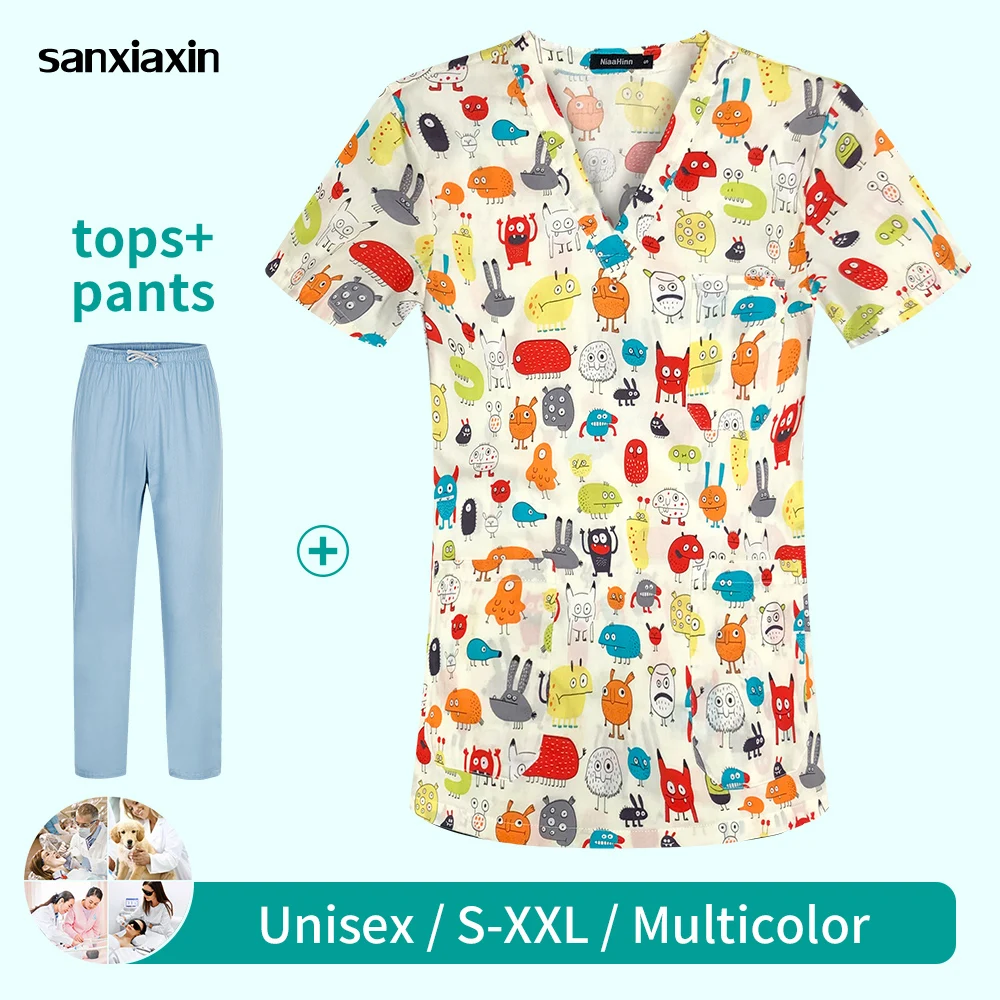 

Unisex Pet Club Work Uniform Women Animal Printing Hospital Scrubs Tops Veterinaria Costume Wholesale Pharmacist Working Clothes