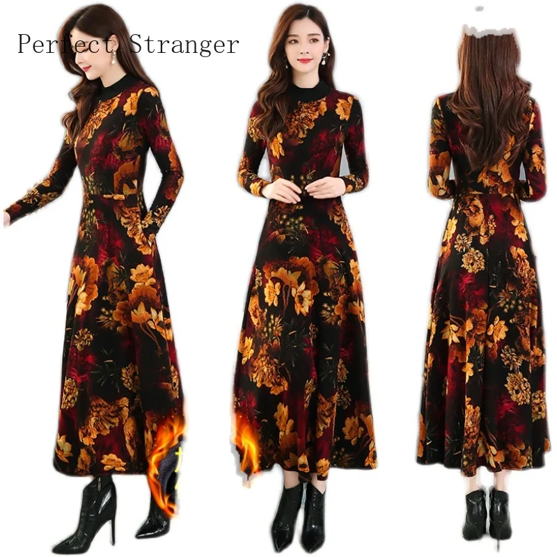 

2020 Autumn Winter New Arrival Hot Sale Elegant Thicken Fleeces Stand Collar Flower Printed Women Long Dress Plus Size M-3XL