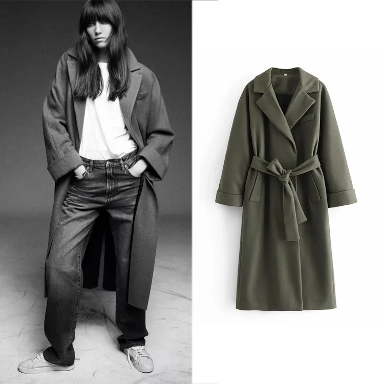 

2021 feminino korean abrigos mujer Pink long woolen coat winter women high-waist lace-up design coat za người phụ nữ áo kho