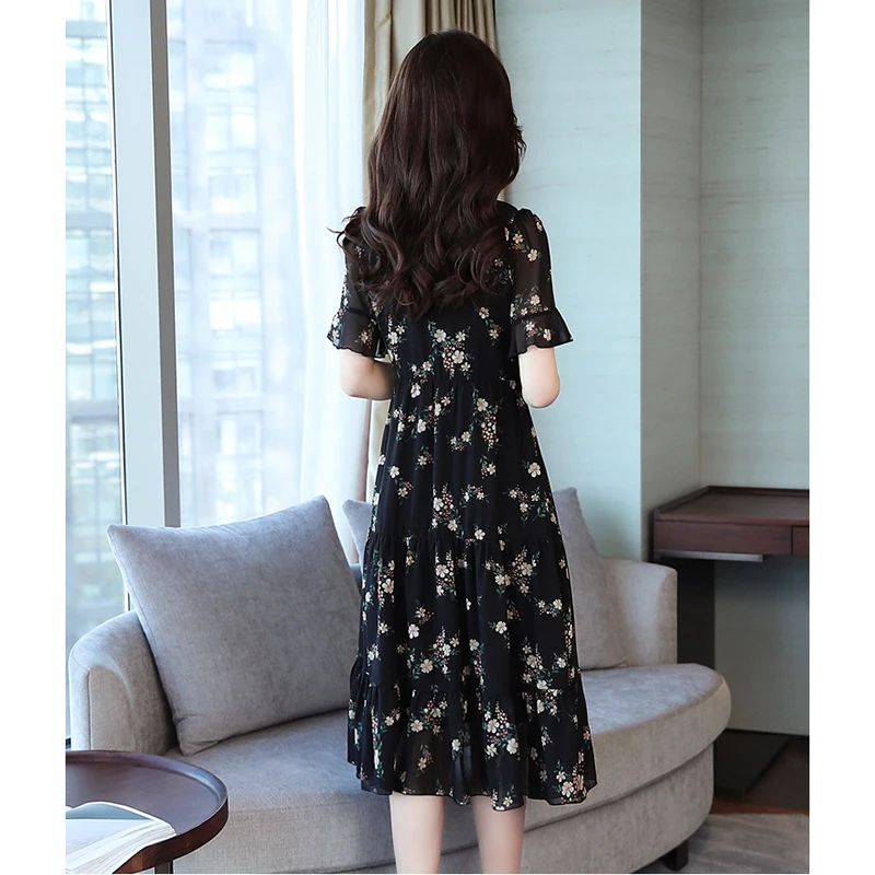 

2021 Vestido Long Korean StyleFloral Print Ruffle Party Summer Chiffon Midi Women Dresses Plus Size Lady Vintage Elegant Runway