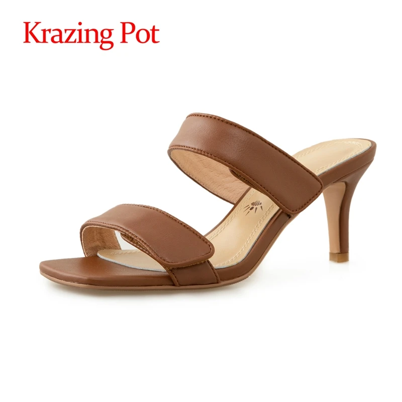 

lenkisen large size genuine leather high heels square toe French romantic solid streetwear slip on women summer sandals L79