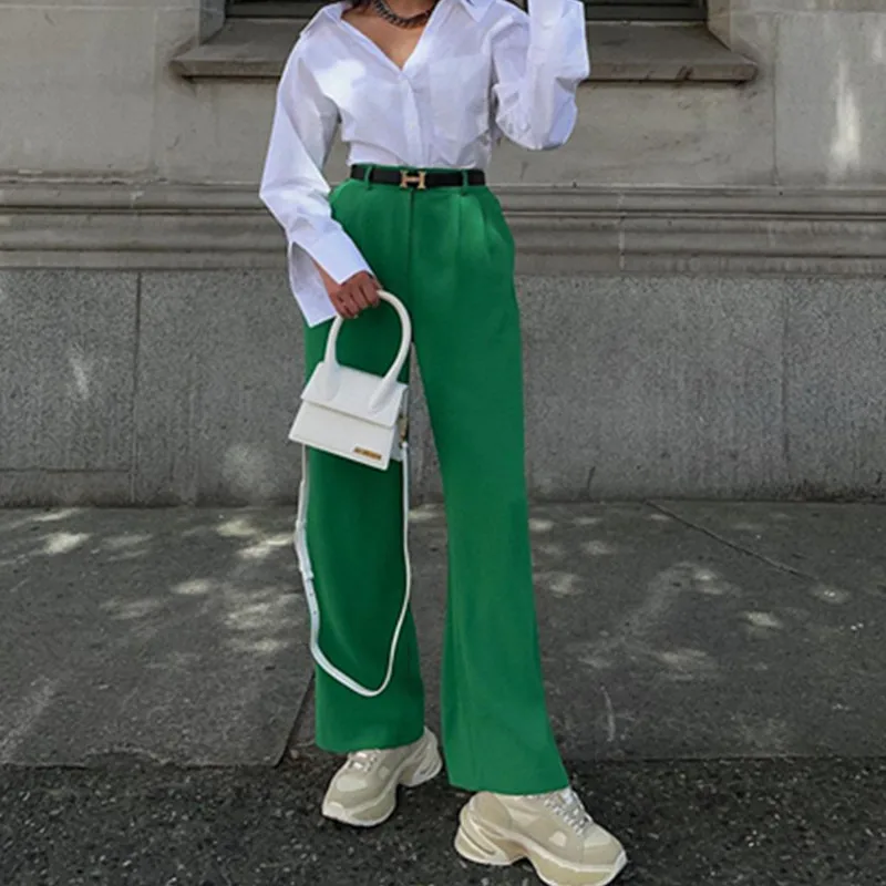 

2021 Vintage Fashion High Rise Straight Pants Suits Women Streetwear Bottom Office Lady Wide Leg Pant Outfits Clothes