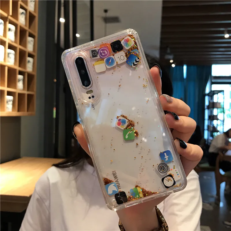 Чехол Quicksand с милым приложением значок Coque для huawei P20 P30 Pro Lite Nova 3 4 5 Honor V20 жидкий Жесткий ПК прозрачный чехол для телефона