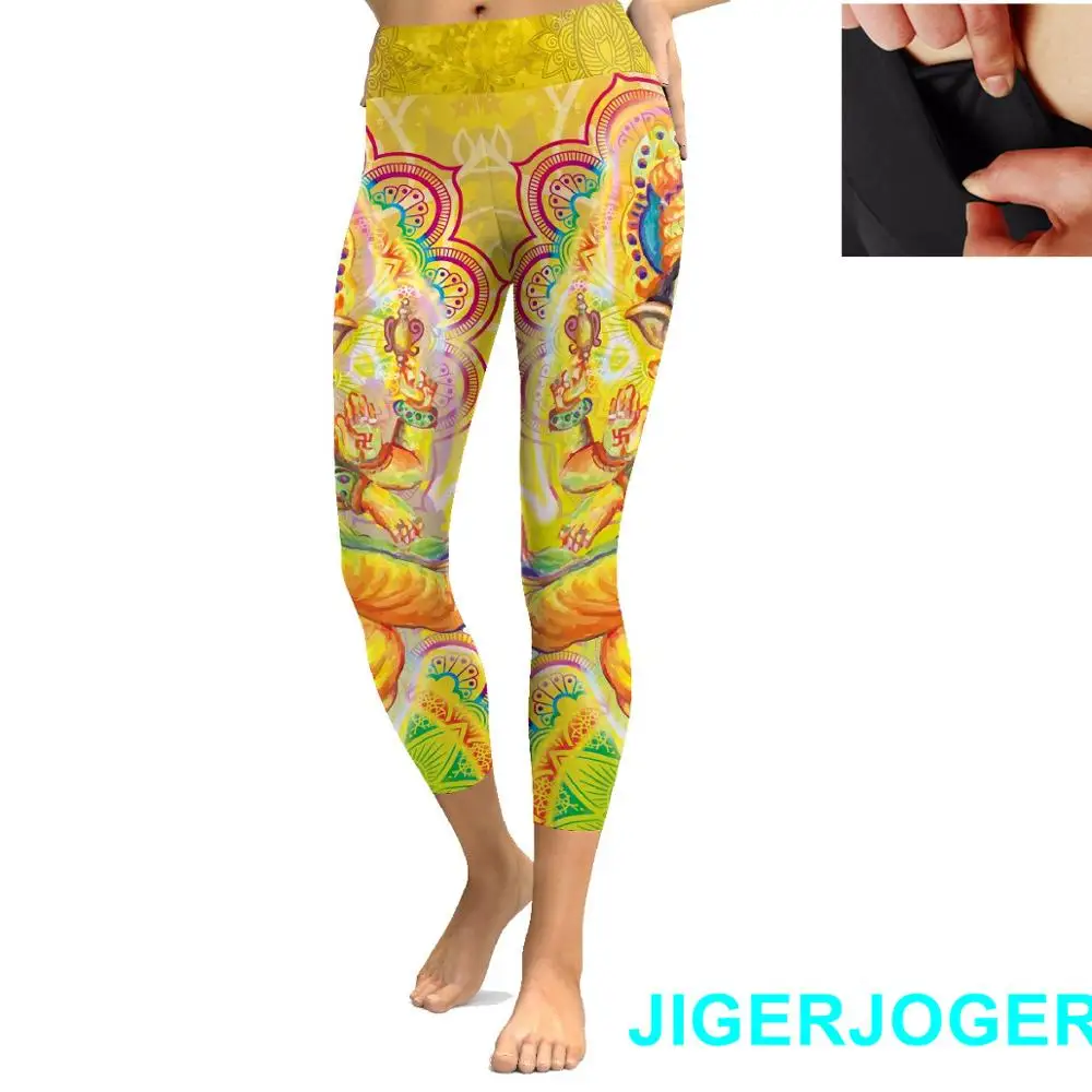 JIGERJOGER 2020 высокий пояс карман желтый Ganesha Йога Капри Леггинсы для тренажерного