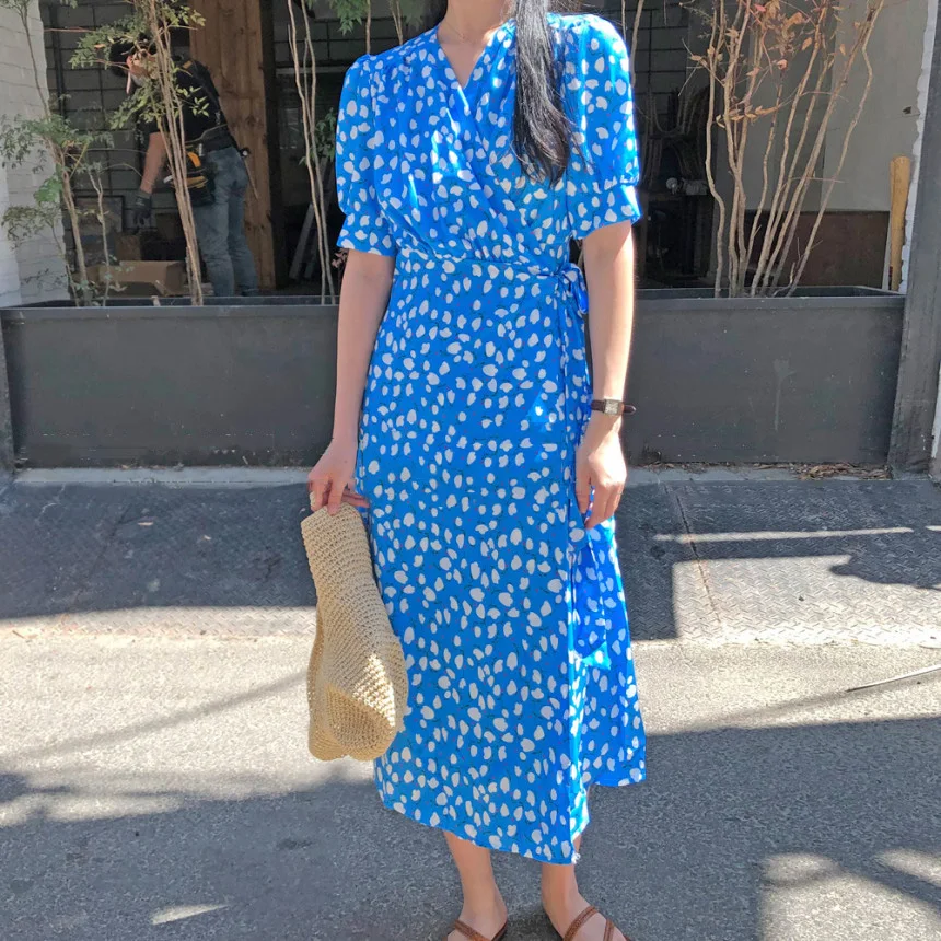 

Summer Elegant Women's Yellow Floral Dress Korean Clothing Lace-Up A-Line Dress Female Vestidos