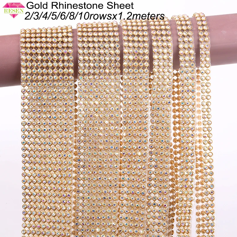 RESEN 2/3/4/5/6/8/10rows Hotfix Gold Crystal AB Rhinestone Trimings Flatback Trims with Glue Base Trim | Дом и сад