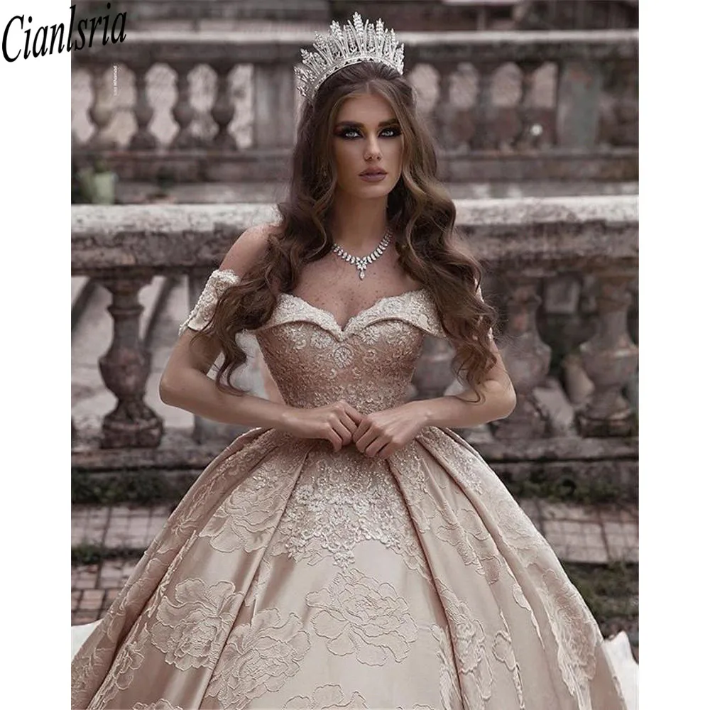 

Gorgeous Arabic Ball Gown Wedding Dresses Off The Shoulder Lace Appliques Backless Bridal Gowns Dubai Robe de marriage
